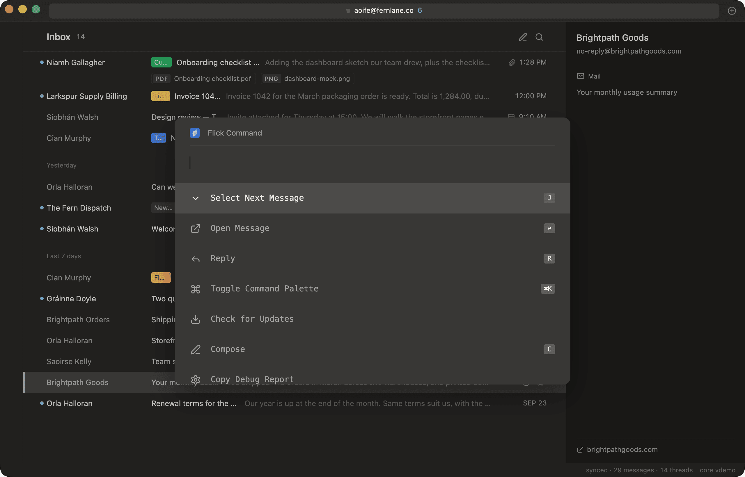 The command menu filtered to matching commands and their keys