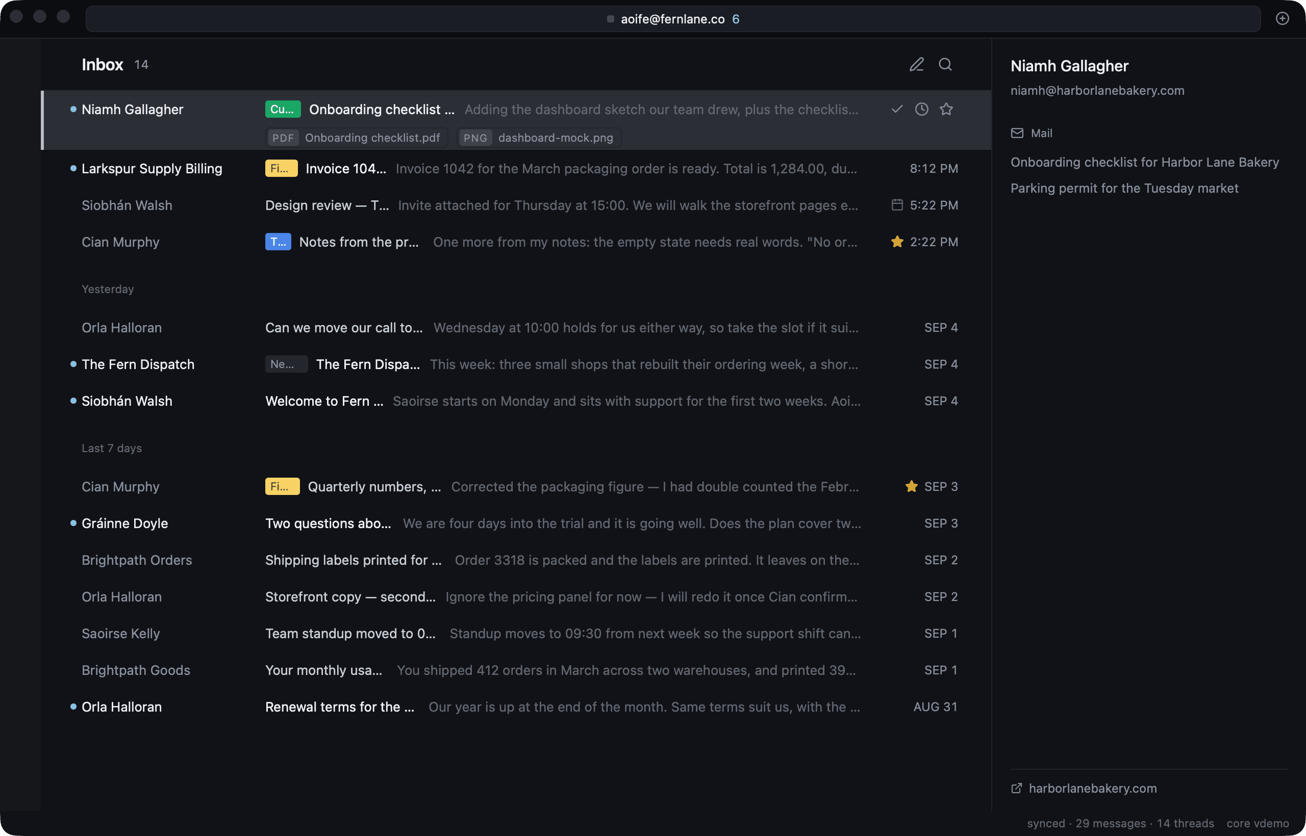 Flick inbox: a selected conversation with attachment chips and labels, and the reading pane beside it